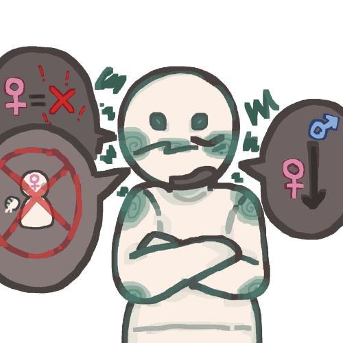 A drawing of a white and teal person with a angry expression. Their arms are crossed and eyes are closed. Around them there are 3 gray speechbubbles. Speech bubble number one has a female symbol and red X in it with a black equal sign between the female symbol and X. Speech bubble numbe two has a small drawing of a person waving with a female symbol on their face , there is a red X crossing out the person. Speech bubble 3 has a male and female symbol. The male symbol is up higher than the female symbol and there is a arrow pointing down. 